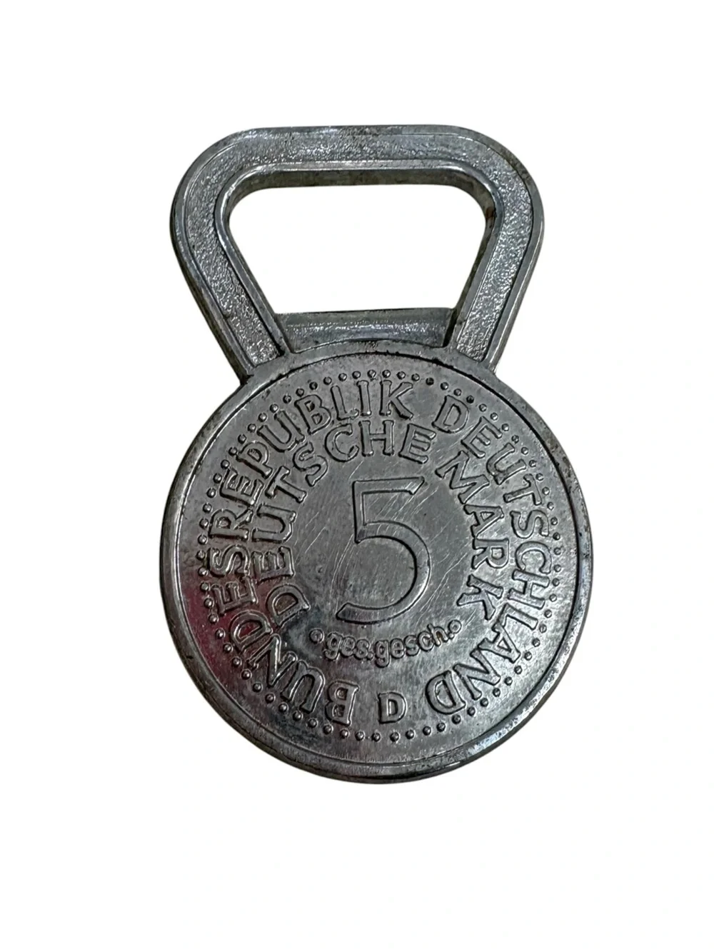 Vintage German 5 Deutsche Mark Coin Bottle Opener